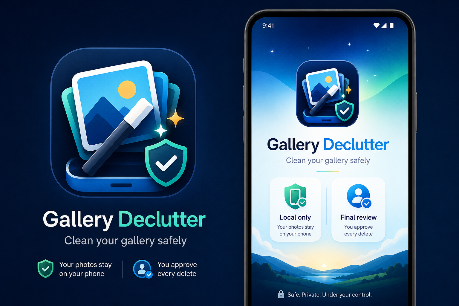 Gallery Declutter brand board with synthetic app visuals
